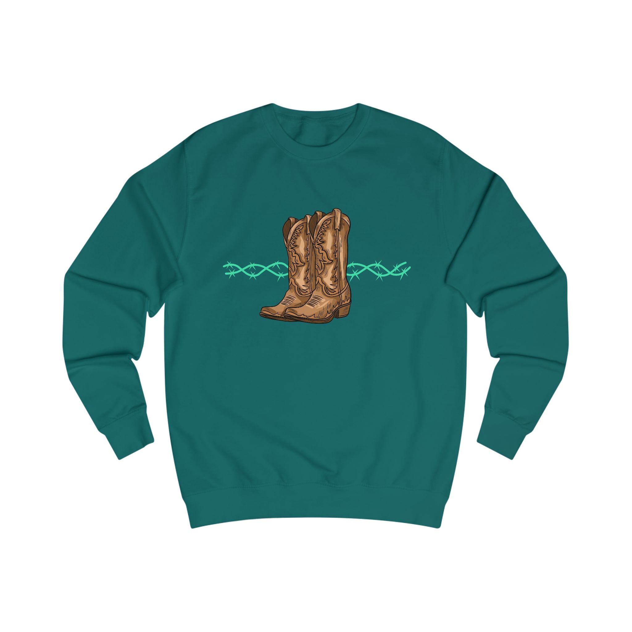 Front view of teal Punchy Couture Cowgirl Fit sweatshirt featuring brown cowboy boots and barbed wire graphic