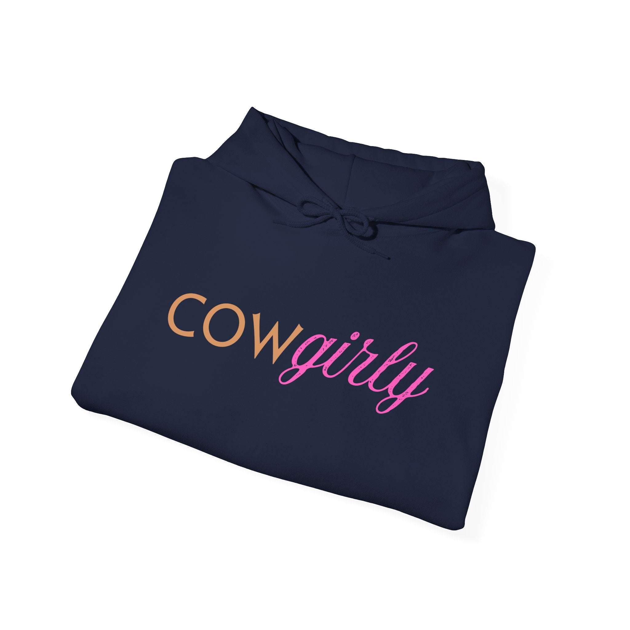 Navy hooded sweatshirt with orange block "COW" and pink cursive "girly" printed across the chest; bold Western hoodie with playful, confident energy