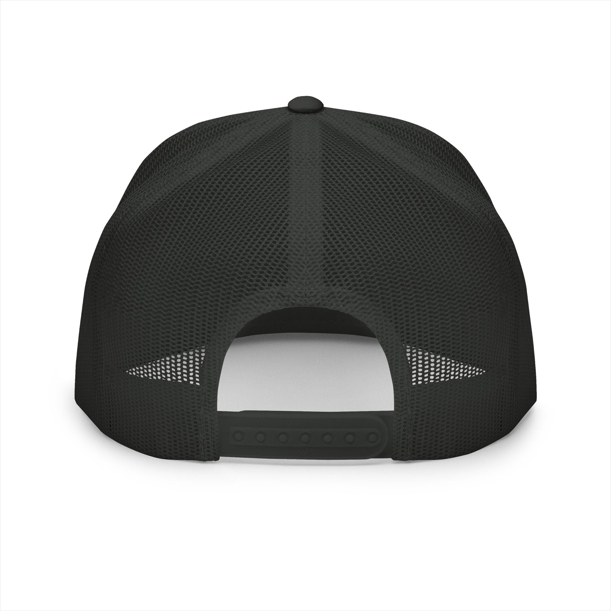Black snapback trucker hat back view