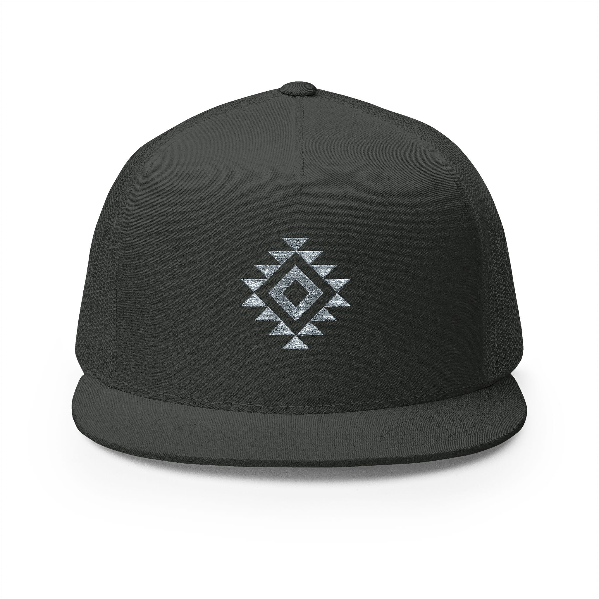 Black snapback trucker hat with light gray embroidered geometric diamond pattern on the front panel; structured Western-inspired headwear with bold symmetry and modern edge.