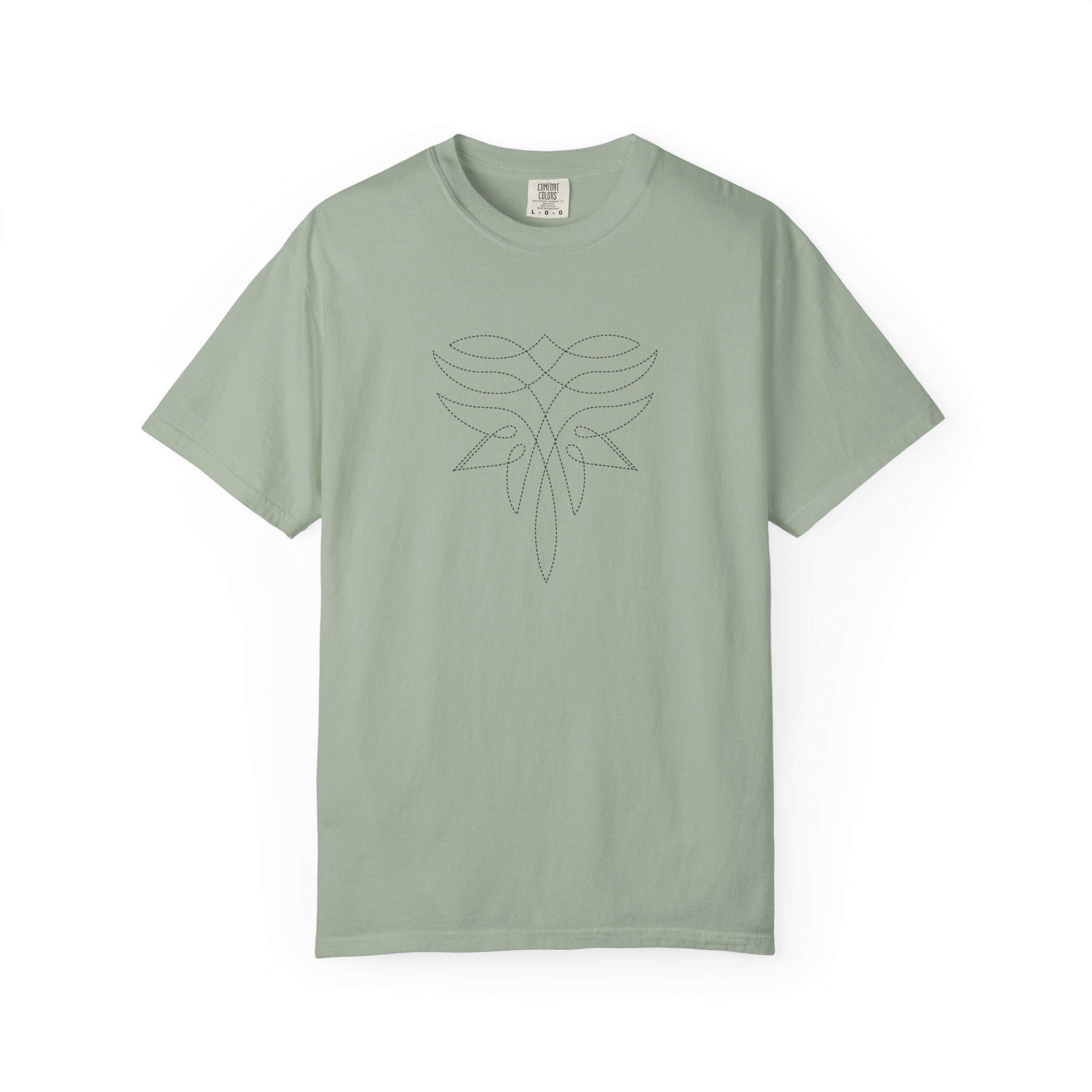 Hanging light green t-shirt with minimalist black line art design featuring symmetrical curves and dotted accents; abstract Western motif with stitched elegance and soft grit.