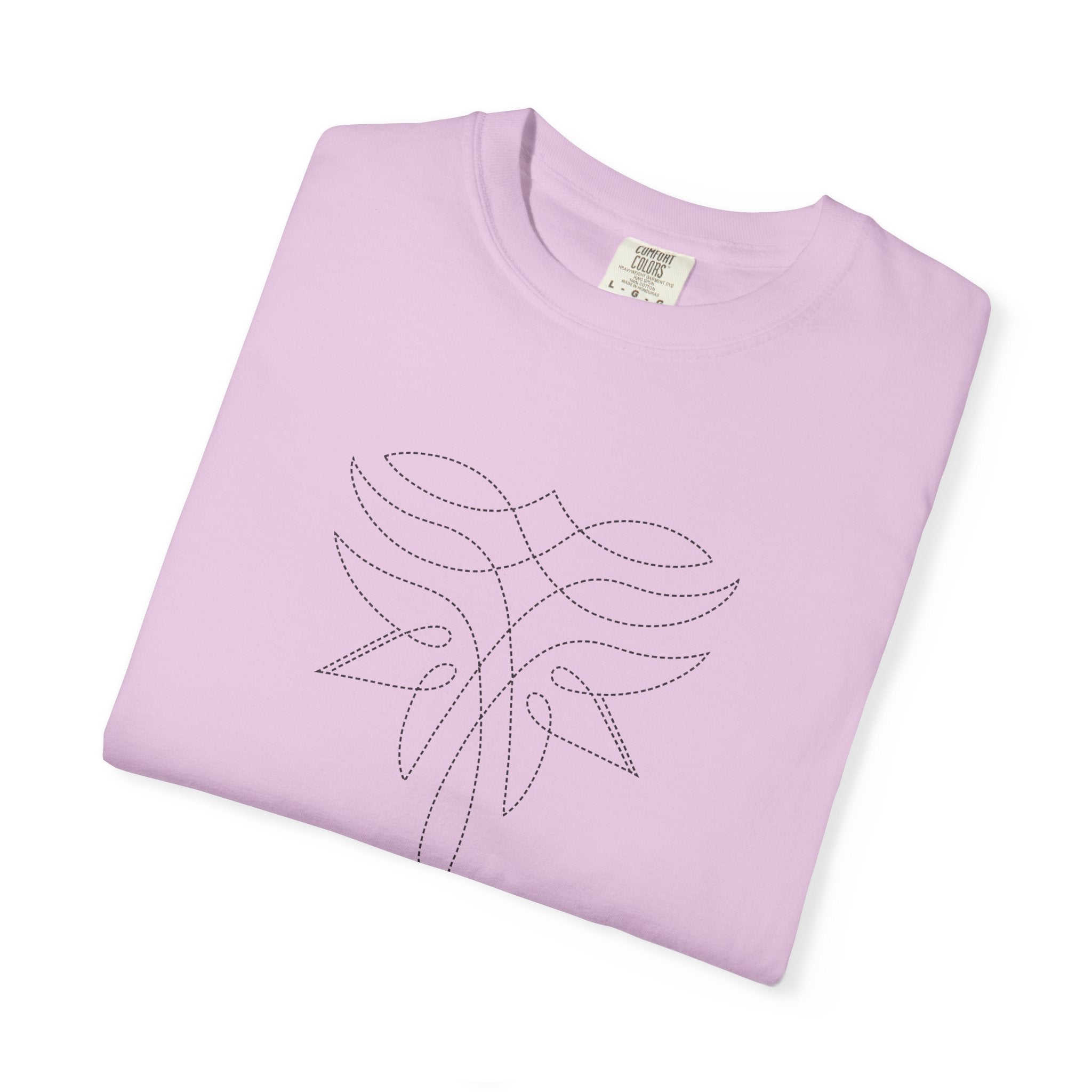 Folded lavender t-shirt with minimalist black line art design featuring symmetrical curves and dotted accents; abstract Western motif with soft elegance and modern edge.