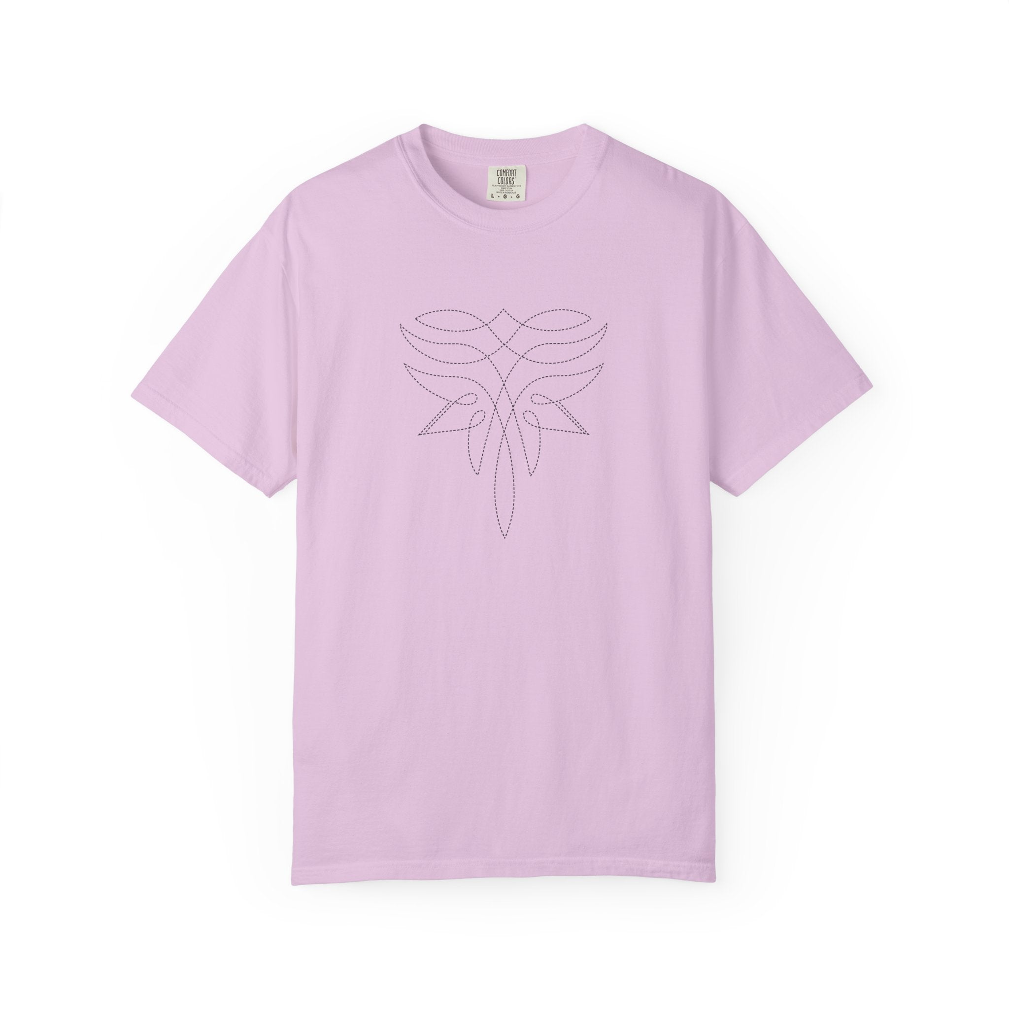 lavender t-shirt with minimalist black line art design featuring symmetrical curves and dotted accents; abstract Western motif with soft elegance and modern edge.