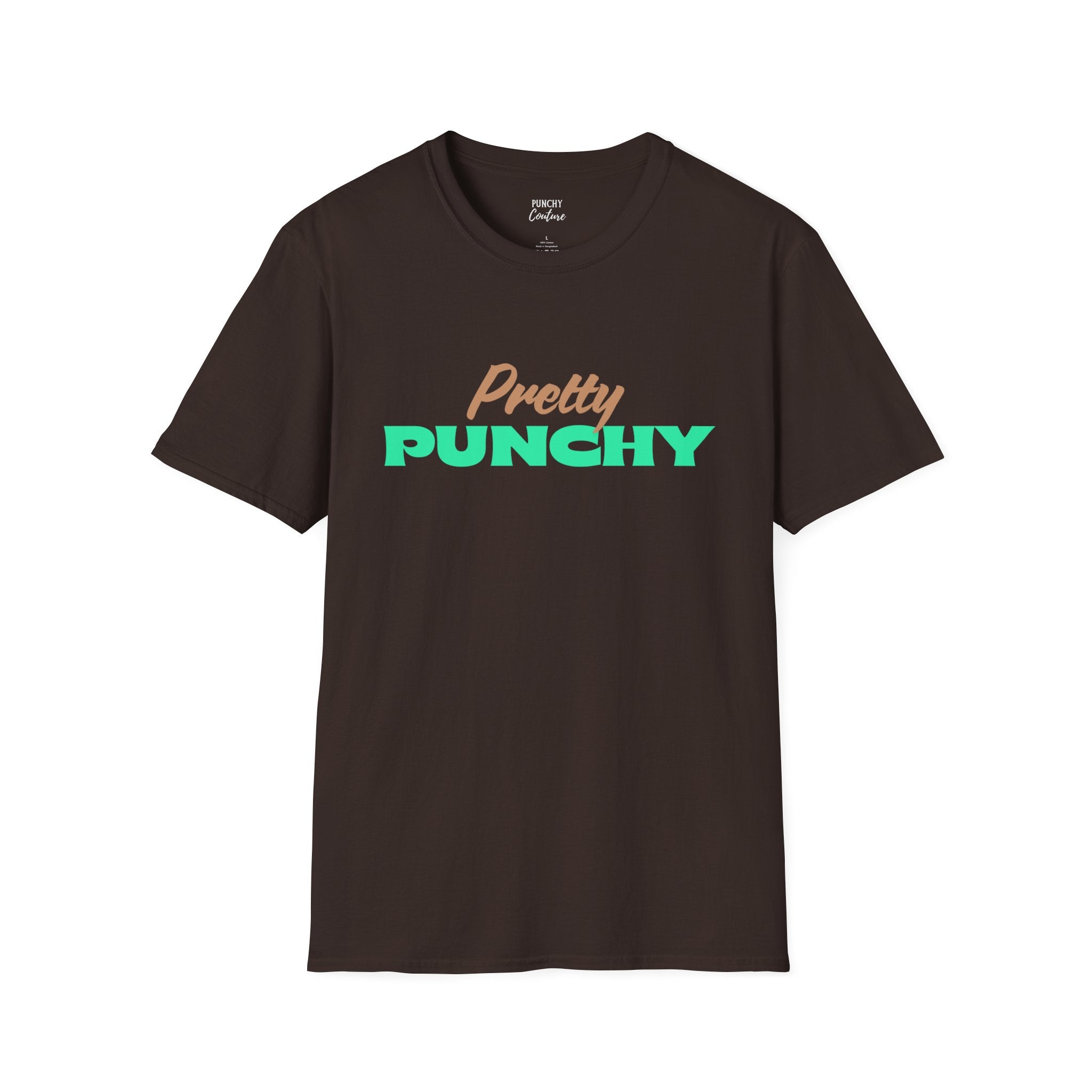 Hanging black t-shirt with light brown cursive "Pretty" and bright green block "PUNCHY" lettering; bold Western graphic tee from Punchy Couture with confident, stylish flair.