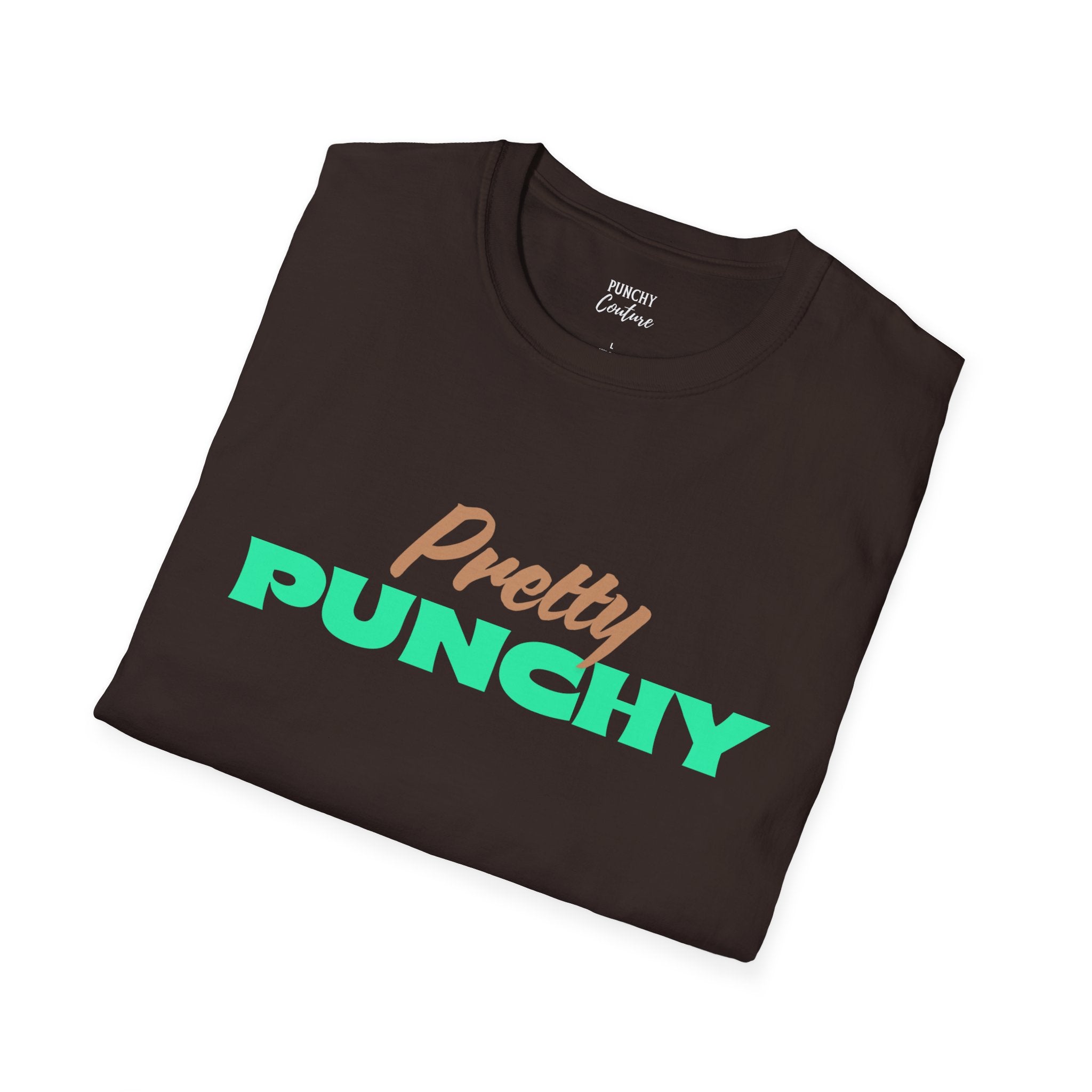 Folded black t-shirt with light brown cursive "Pretty" and bright green block "PUNCHY" lettering; bold Western graphic tee from Punchy Couture with confident, stylish flair.
