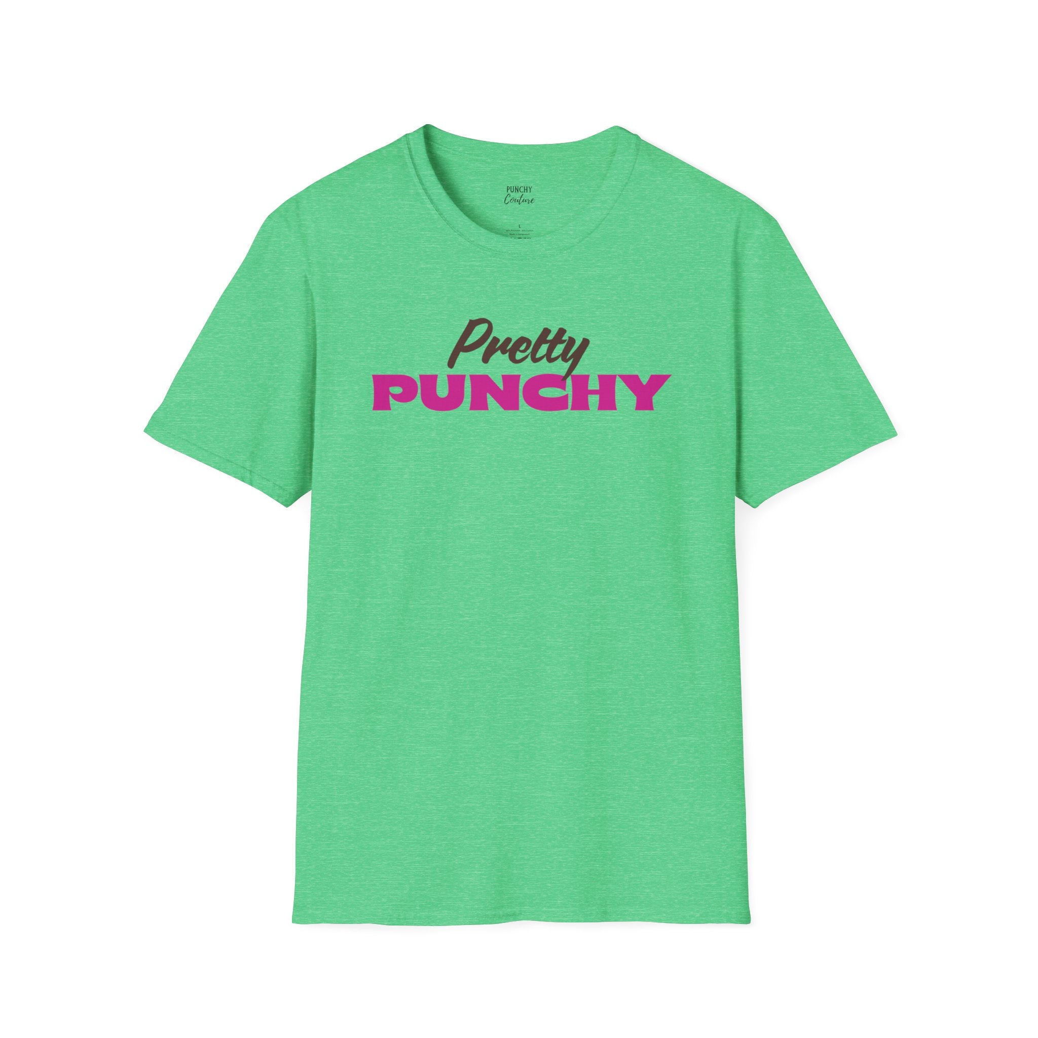 Green t-shirt with brown cursive "Pretty" and bold magenta "PUNCHY" lettering centered on the chest; expressive Western graphic tee with playful, confident energy
