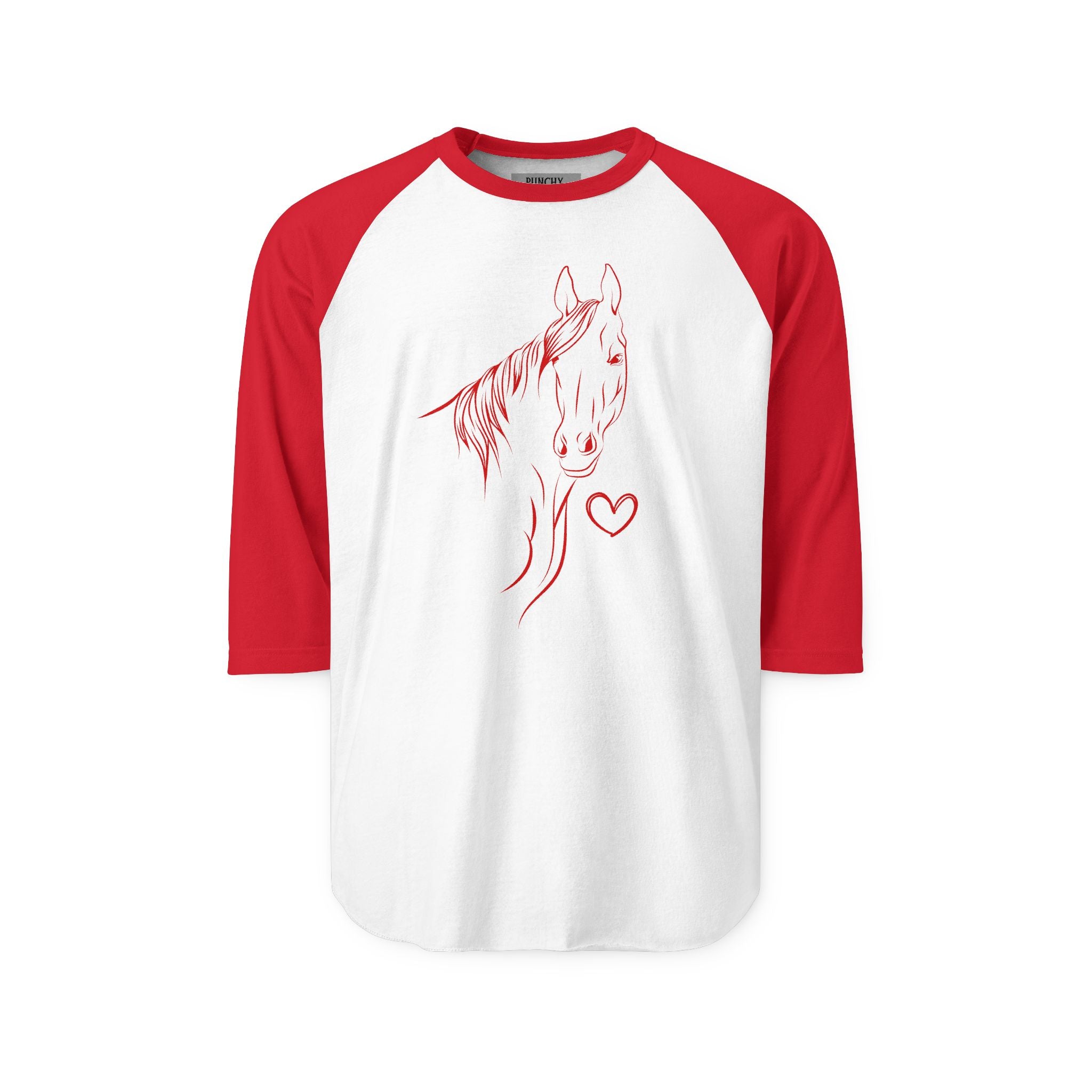 White and red raglan shirt with minimalist red line art of a horse and heart on the front; casual Western-inspired design for horse lovers.