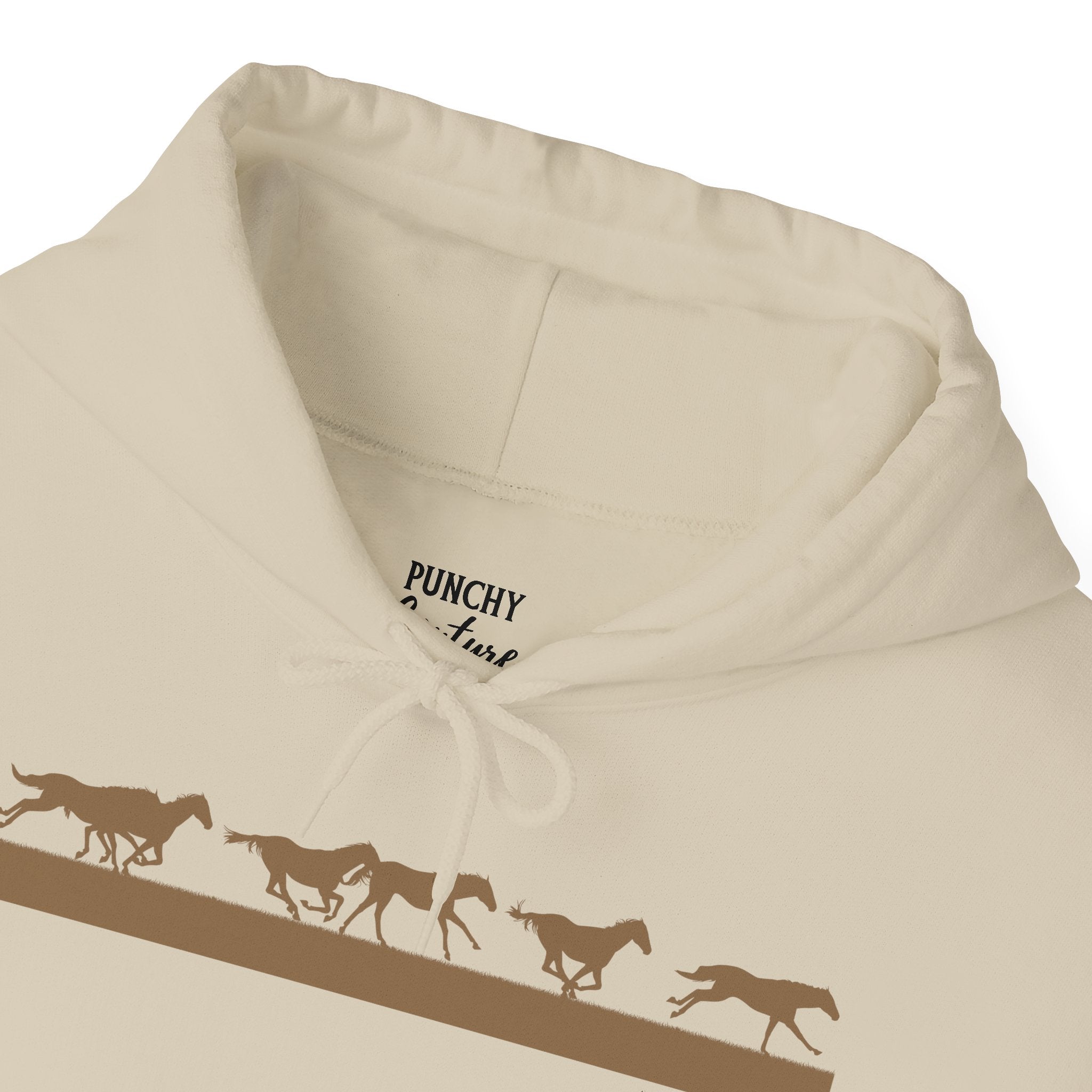 Beige hooded sweatshirt with brown horse silhouettes in motion across the chest; minimalist equestrian design inspired by vintage motion studies.