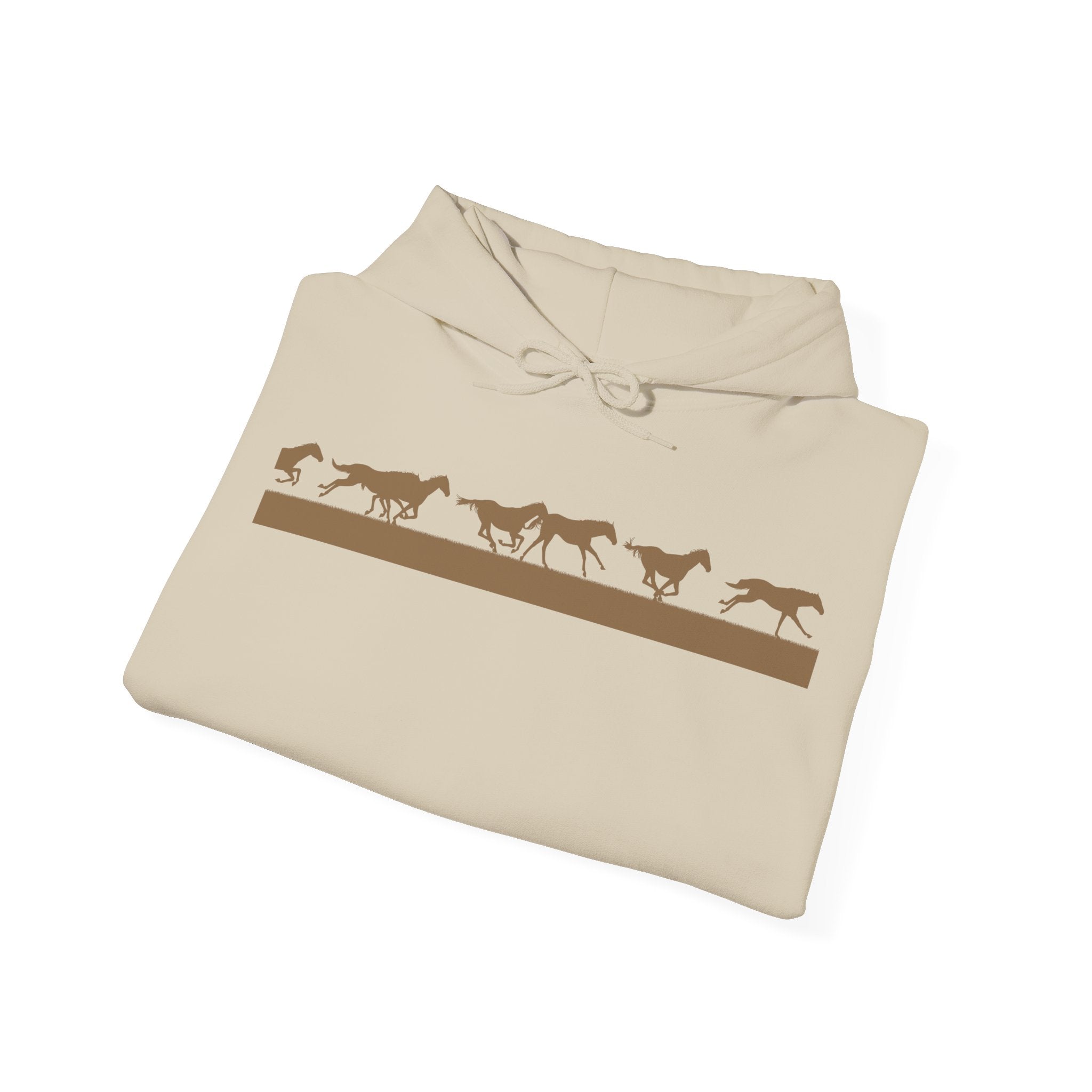 Beige hooded sweatshirt with brown horse silhouettes in motion across the chest; minimalist equestrian design inspired by vintage motion studies.