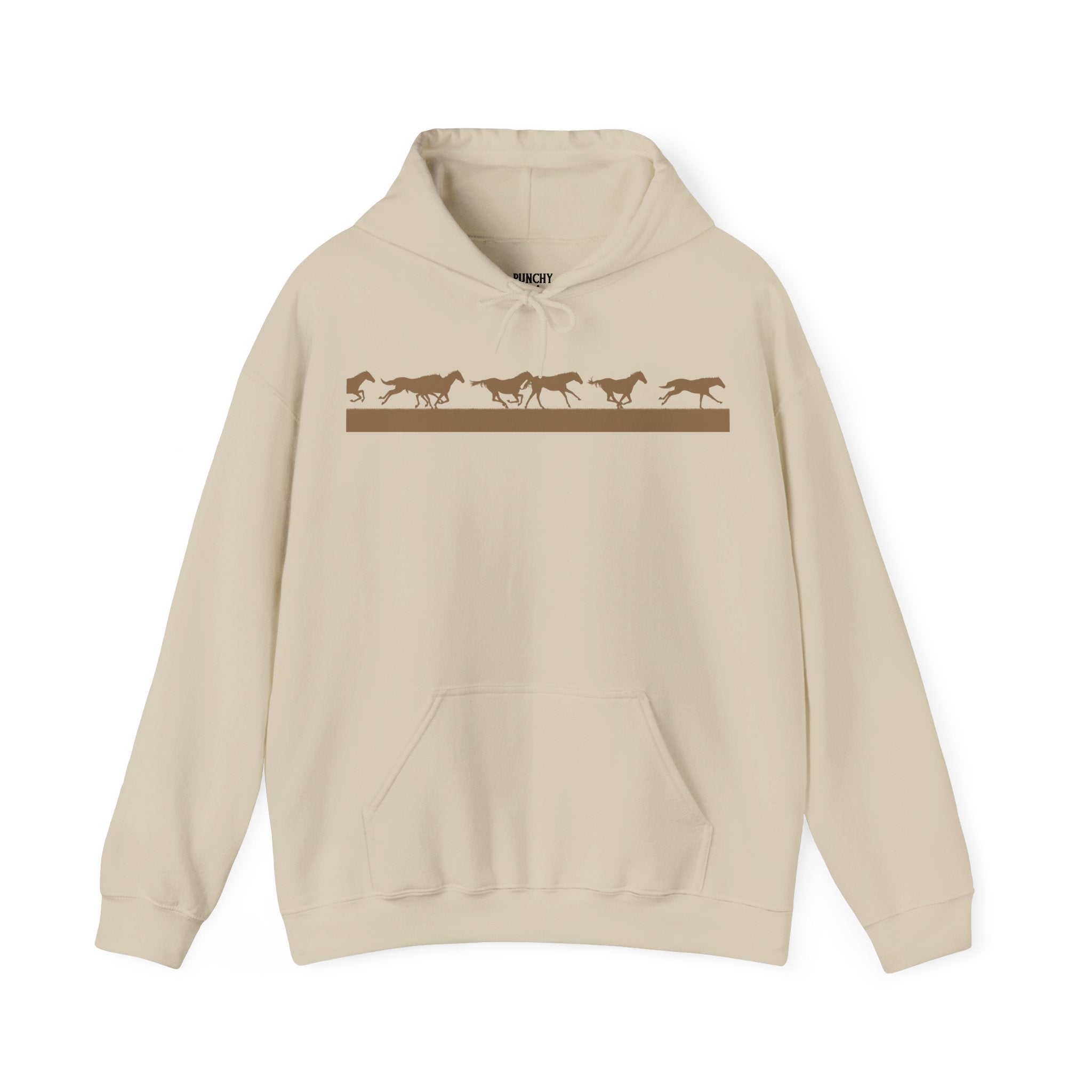 Beige hooded sweatshirt with brown horse silhouettes in motion across the chest; minimalist equestrian design inspired by vintage motion studies.