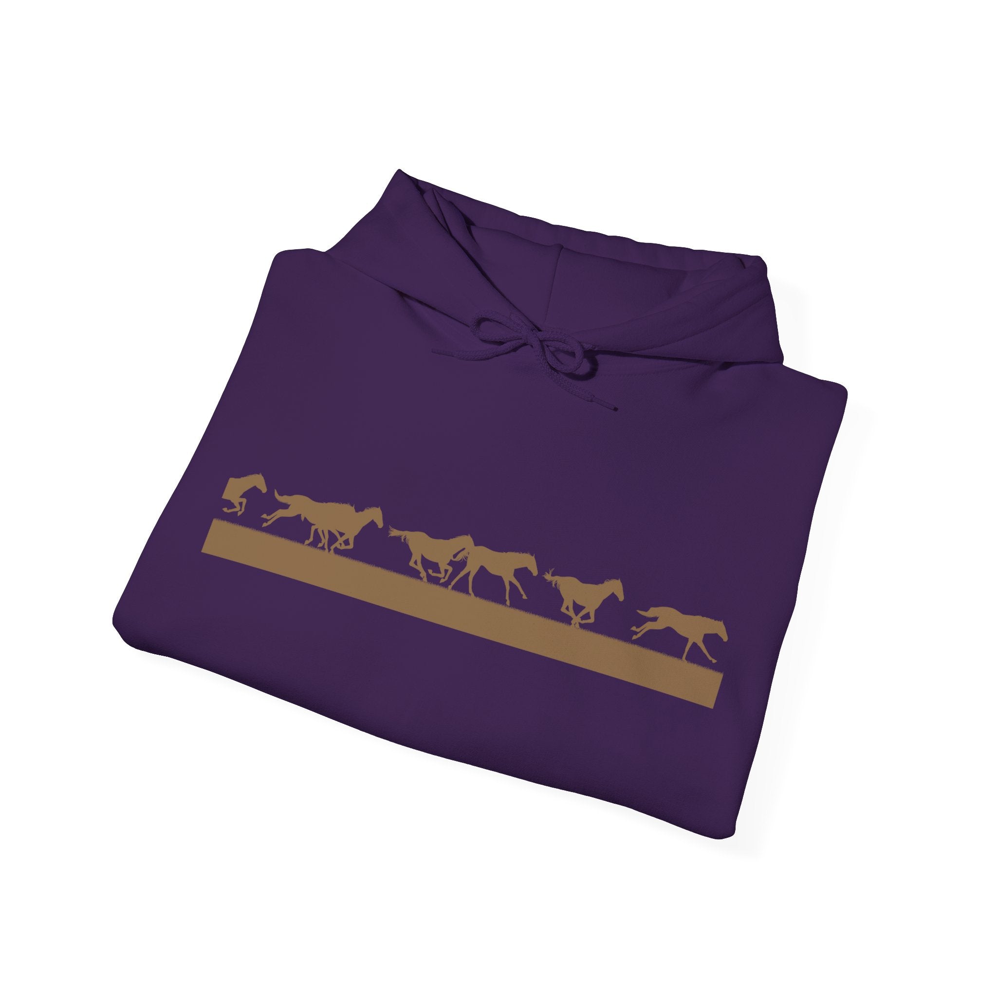 Purple hooded sweatshirt with golden horse silhouettes in motion across the chest above a solid gold bar; dynamic Western design celebrating movement and strength.