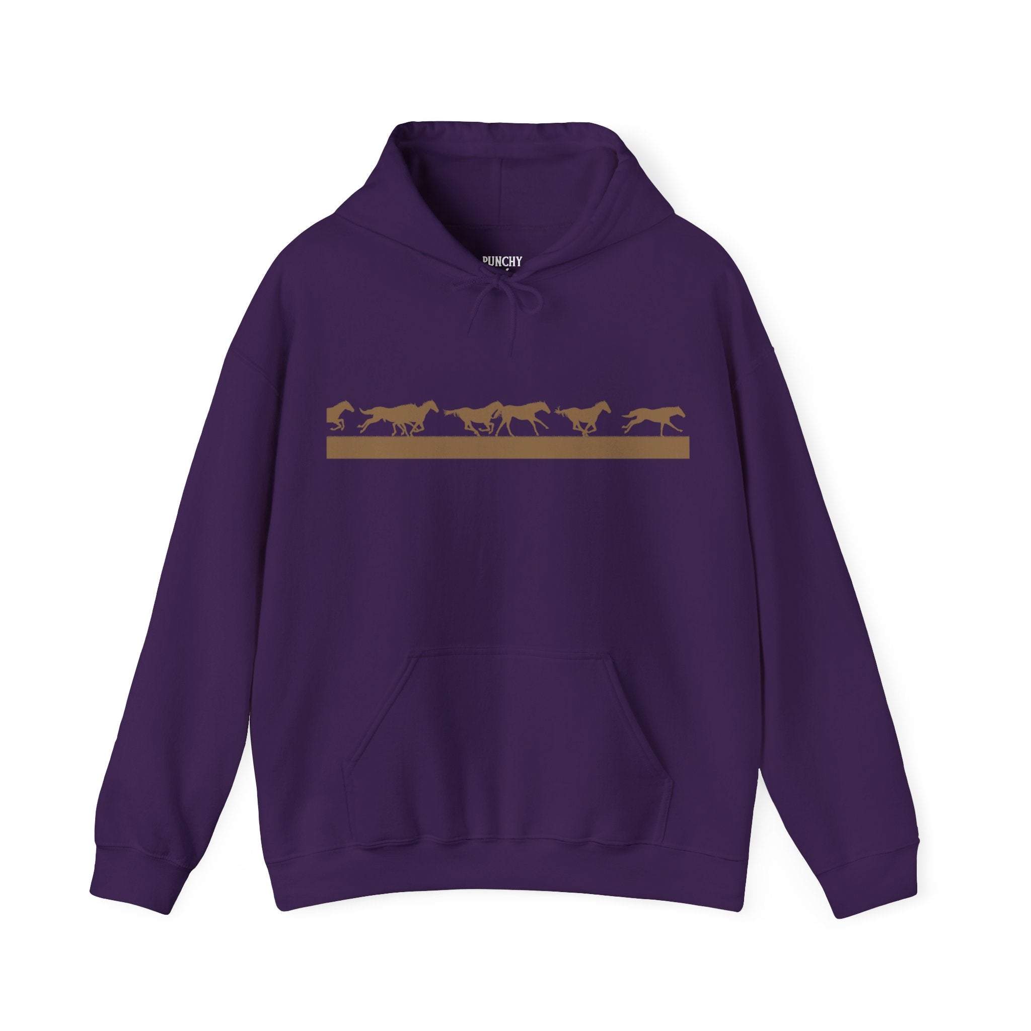 Purple hooded sweatshirt with golden horse silhouettes in motion across the chest above a solid gold bar; dynamic Western design celebrating movement and strength.