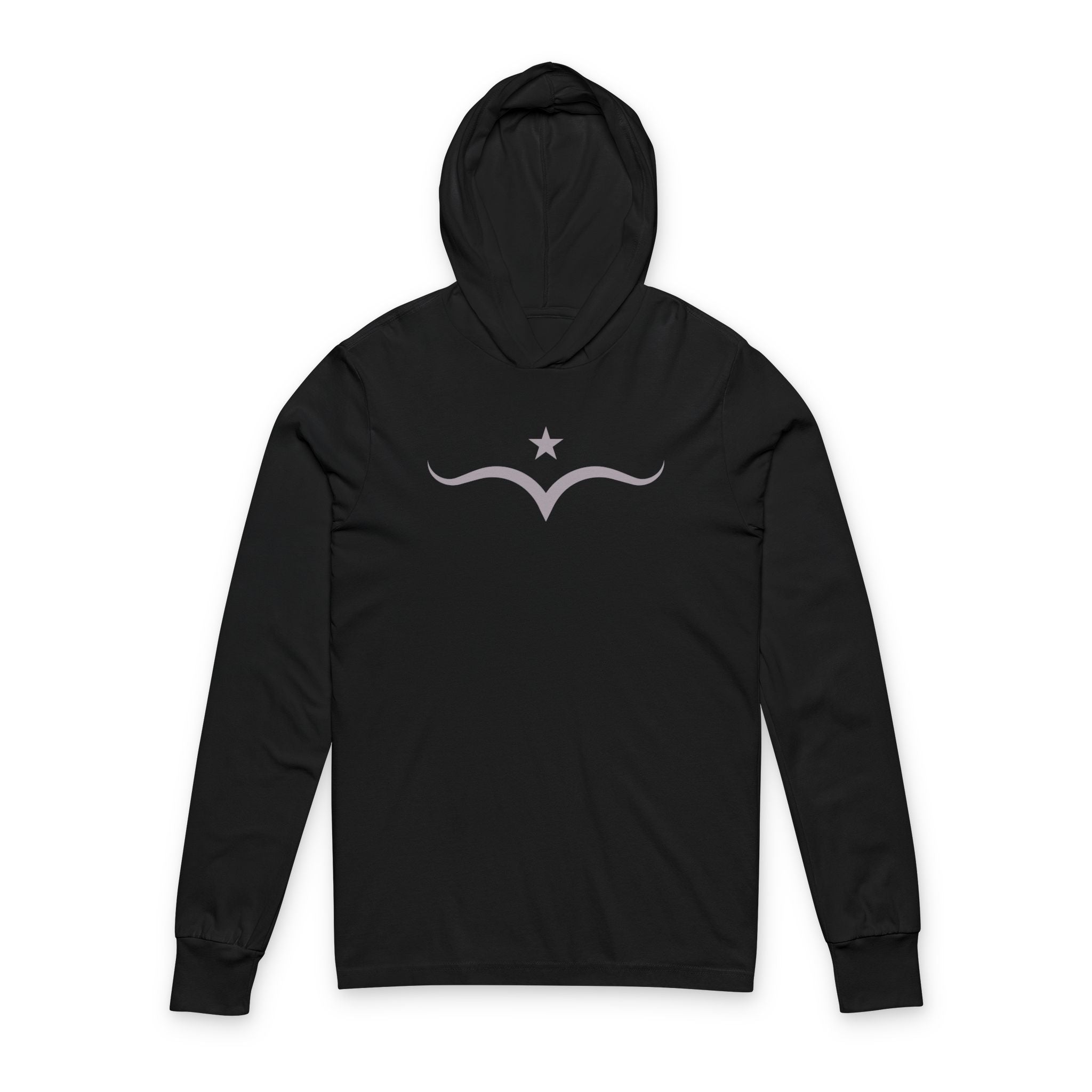 Black hooded sweatshirt with minimalist grey graphic of a five-pointed star above stylized wings; soft Western design with subtle feminine energy.