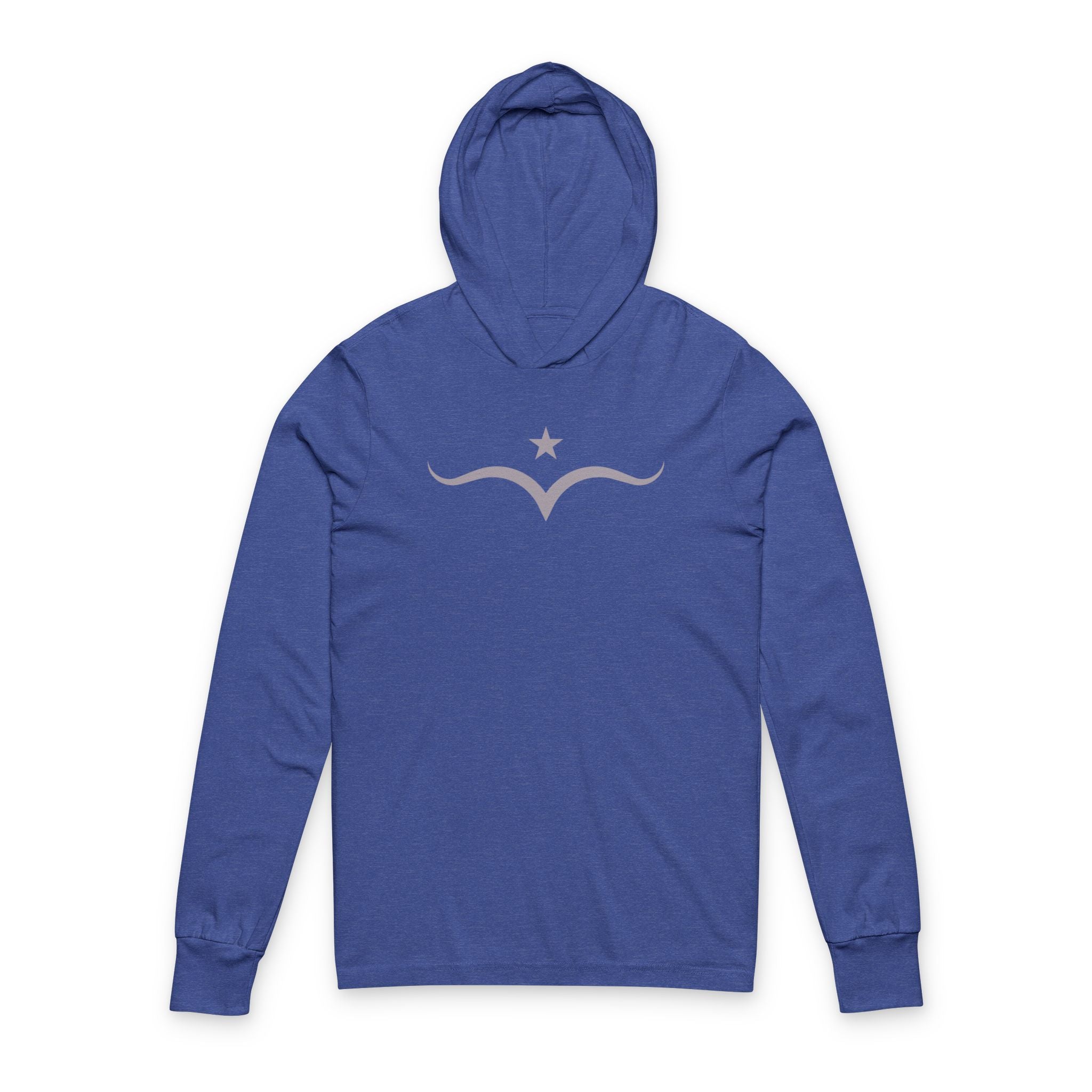 Blue hooded sweatshirt with minimalist grey graphic of a five-pointed star above stylized wings; soft Western design with subtle feminine energy.