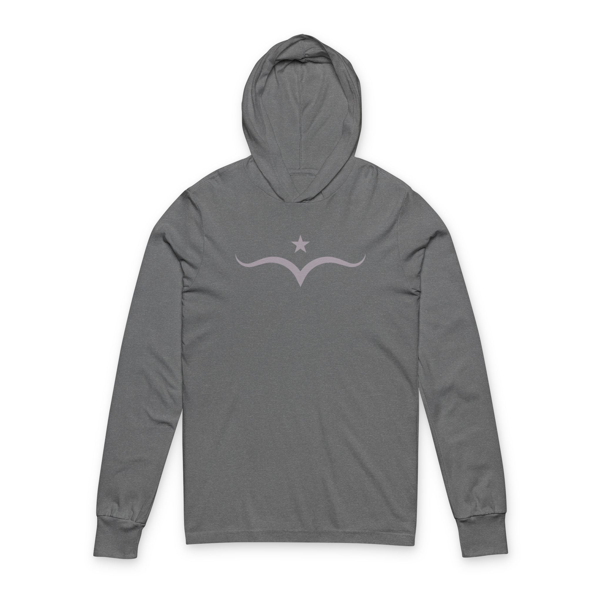 Light gray hooded sweatshirt with minimalist gray graphic of a five-pointed star above stylized wings; soft Western design with subtle feminine energy.