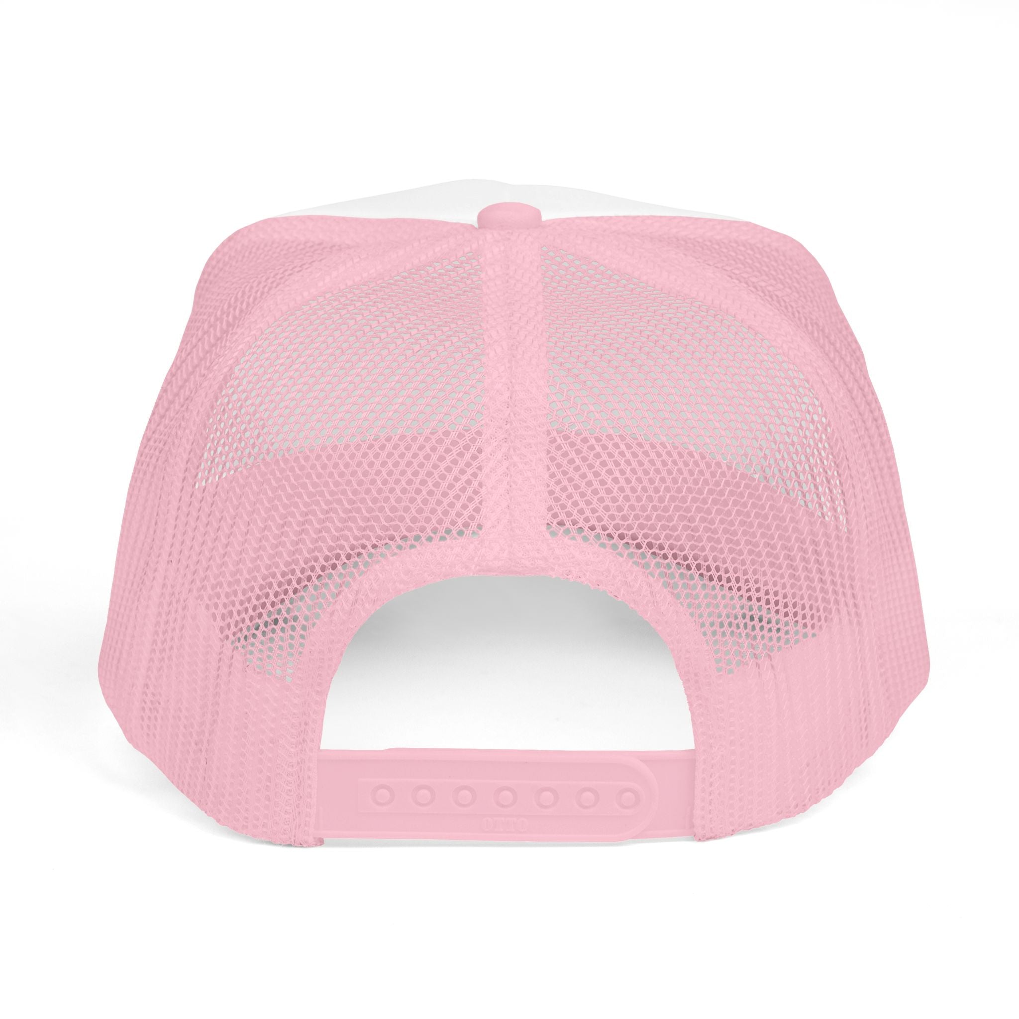 Pink and white trucker hat back view