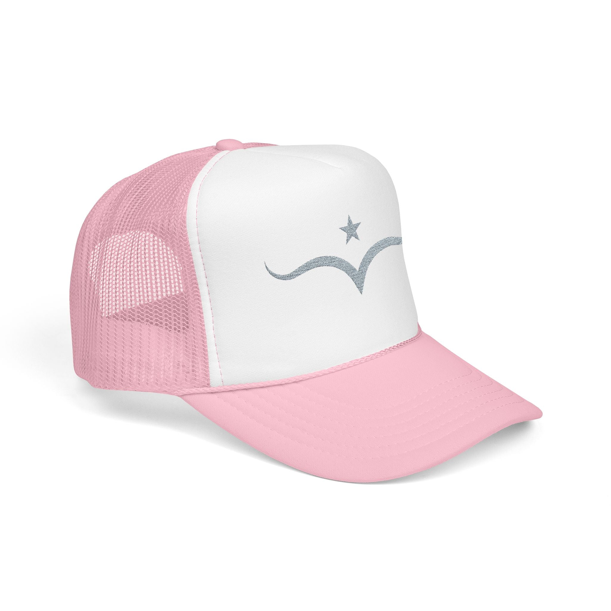 Pink and white trucker hat with gray embroidered five-pointed star above stylized wing or wave design on the front panel; minimalist Western accessory with soft contrast and bold symbolism.