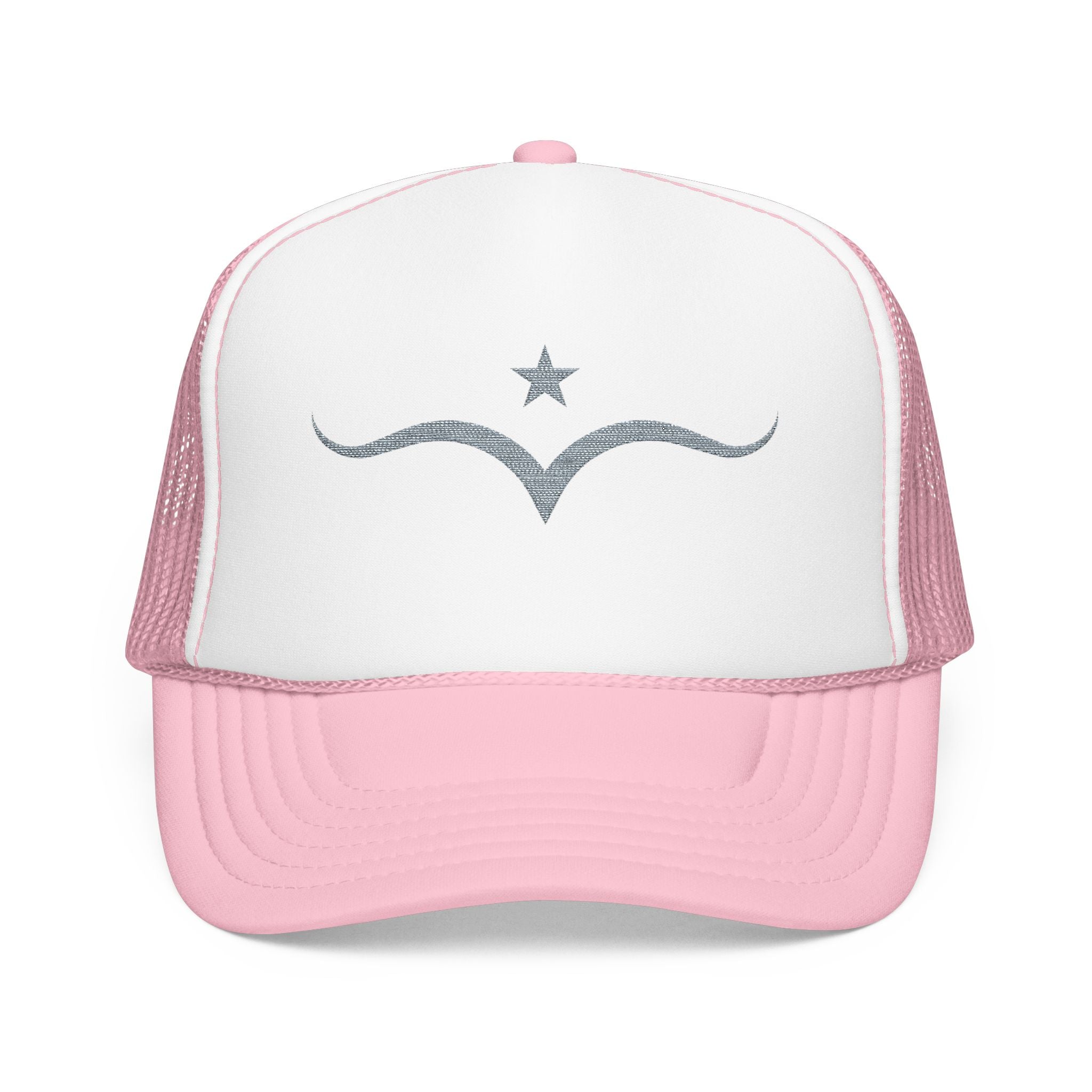 Pink and white trucker hat with gray embroidered five-pointed star above stylized wing or wave design on the front panel; minimalist Western accessory with soft contrast and bold symbolism.