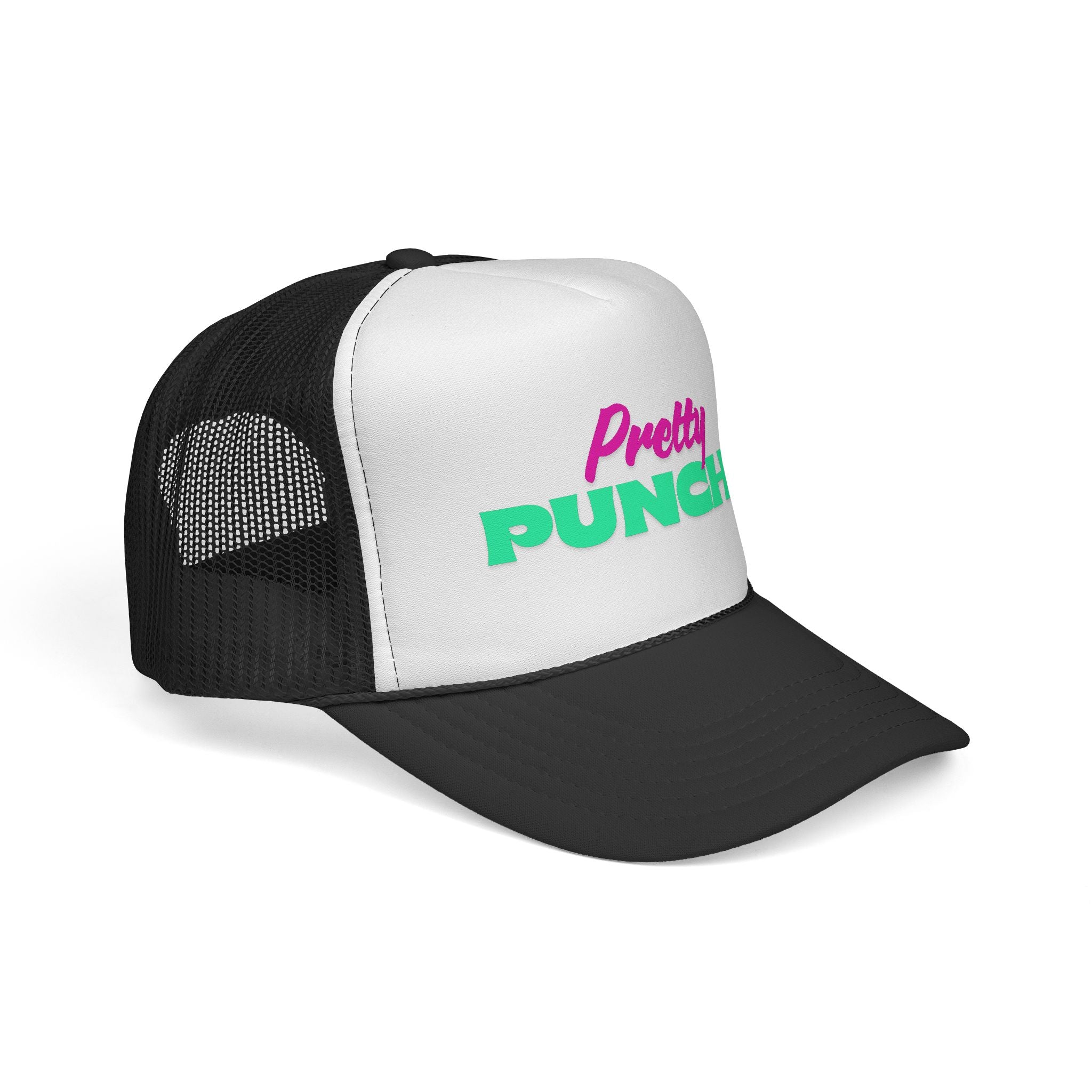 White and black trucker hat with magenta cursive "Pretty" and turquoise block "PUNCHY" lettering on the front; bold Western statement accessory with playful attitude.