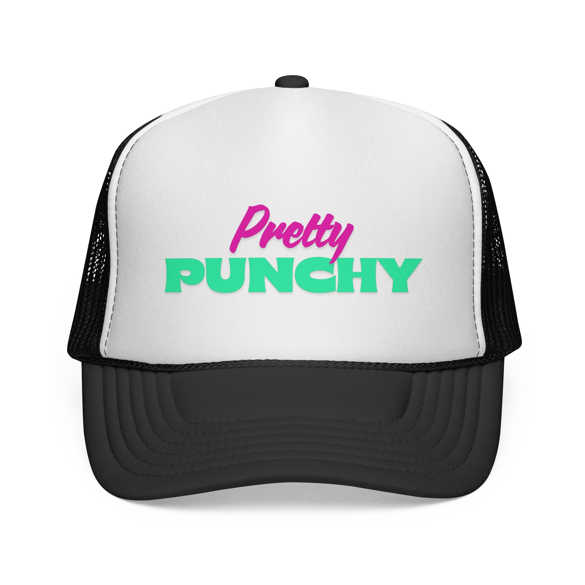 White and black trucker hat with magenta cursive "Pretty" and turquoise block "PUNCHY" lettering on the front; bold Western statement accessory with playful attitude.